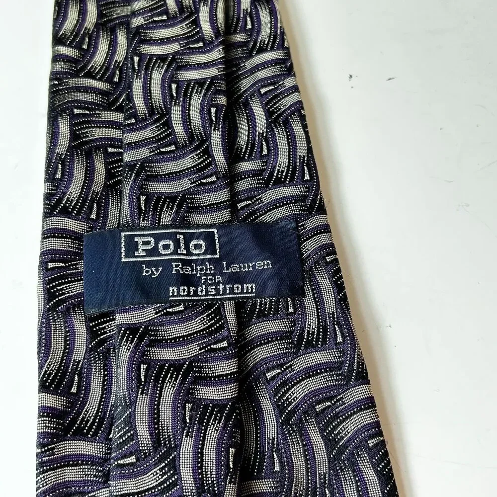 Polo Ralph Lauren Men's NWT Gray Purple Geo Weave Print 100% Silk Long Tie